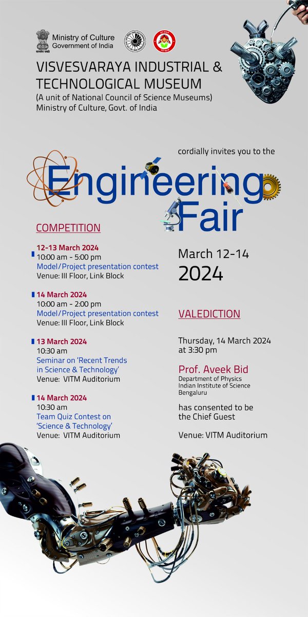 ncsmgoi's tweet image. Invitation: 𝐄𝐧𝐠𝐢𝐧𝐞𝐞𝐫𝐢𝐧𝐠 𝐅𝐚𝐢𝐫 will be conducted by @vismuseum, a unit of @ncsmgoi, @MinOfCultureGoI, from March 12 to 14, 2024.

#EngineeringFair #Bengaluru #Karnataka #BetiBachaoBetiPadhao