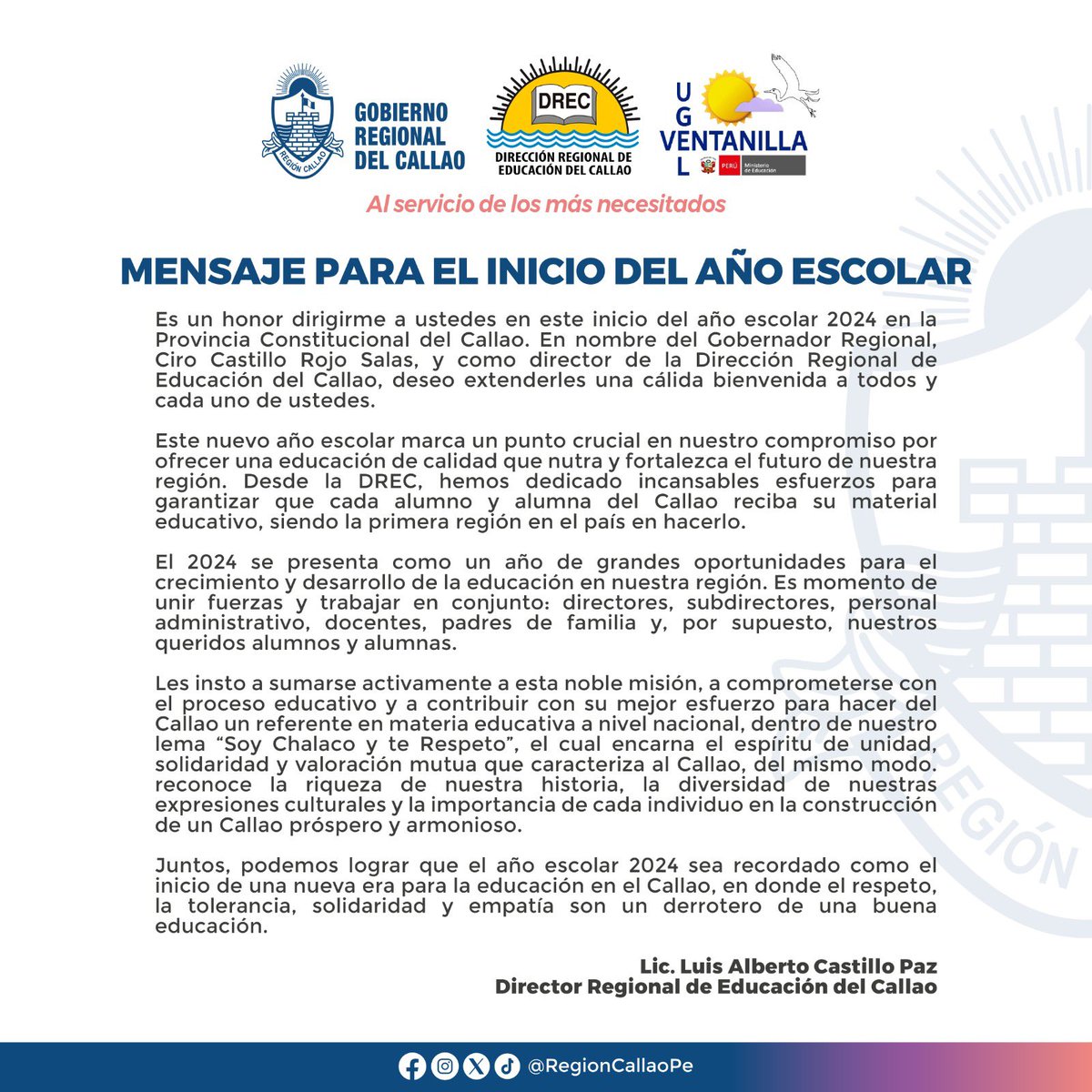 drecallao's tweet photo. #BIAE 📚 | Mensaje de nuestro Director Regional de Educación del Callao, Lic. Luis Alberto Castillo Paz por el buen inicio del año escolar 2024 en la región Callao.
#SoyChalacoyteRespeto
#AlaChalacaBienHechoyconAlegría https://t.co/PyAqZlemHw