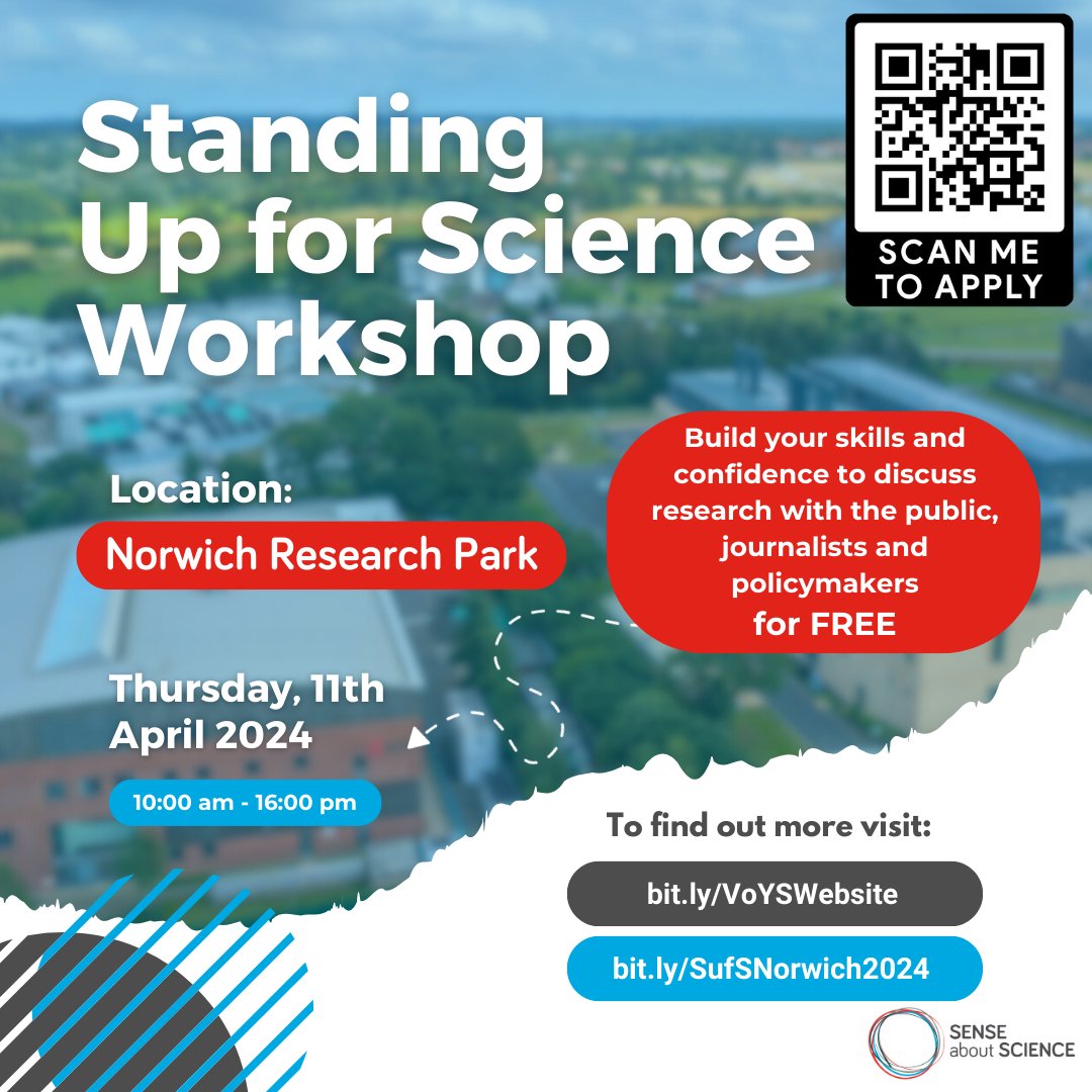 Apply now for our next Standing up for Science workshop at @NorwichResearch ! bit.ly/SufsNorwich2024