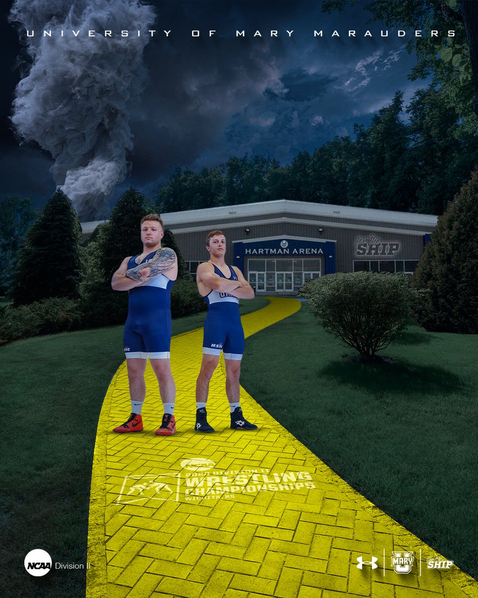 @UMaryWrestling’s not in 𝒩𝑜𝓇𝓉𝒽 𝒟𝒶𝓀𝑜𝓉𝒶 anymore. It’s #D2Wrestle Championships Week! Barnhardt & Tweeton look to follow the yellow brick road to NCAA Gold in Wichita, Kansas Friday & Saturday! Visit GoUMary.com for more! #ForTheShip #LifeAtMary #MakeItYours