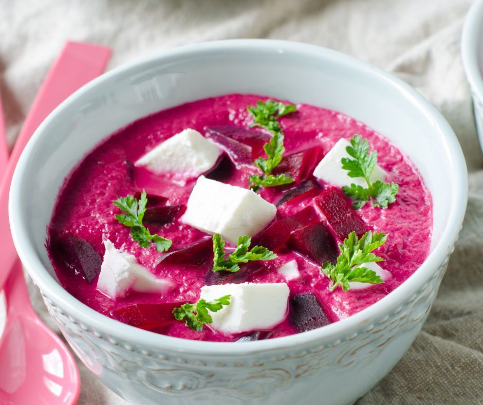 Served as a main dish, started or side dish - this creamy beet soup is a healthy, vibrant, gorgeous soup that is perfect during any time of year. Discover the recipe here: buff.ly/3SFbCGZ #HMGA #HollandMarsh #Beets #BeetSoup #CreamyBeetSoup