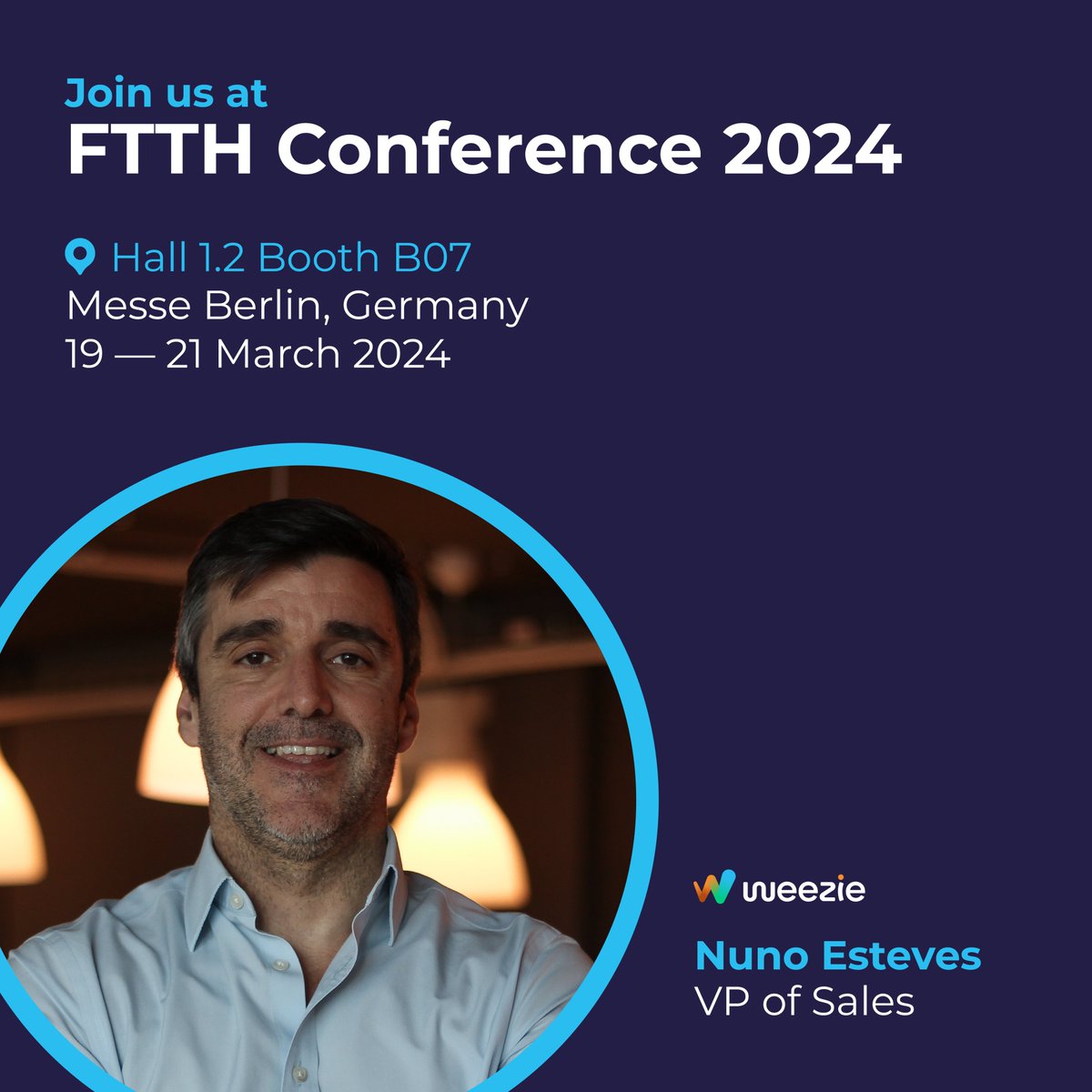 weeziesoftware's tweet image. Join us at #FTTHConference to discover our cloud-native solution 🚀 Connect with Nuno Esteves, VP of Sales &amp;amp; Marketing, to explore its seamless integration of planning, execution, control, and management. 

See you there!