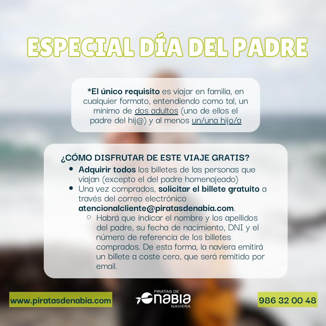 piratasdenabia's tweet photo. Ya podemos comunicar la oferta especial de #NavieraNabia para celebrar el #DiaDelPadre 

El próximo domingo 24 de marzo los padres viajarán gratis* a las #IslasCies y a la #IslaDeOns 🥳

#semanasanta  #19demarzo #planesvigo #turismogalicia #turismovigo https://t.co/eKYFWUjV7V