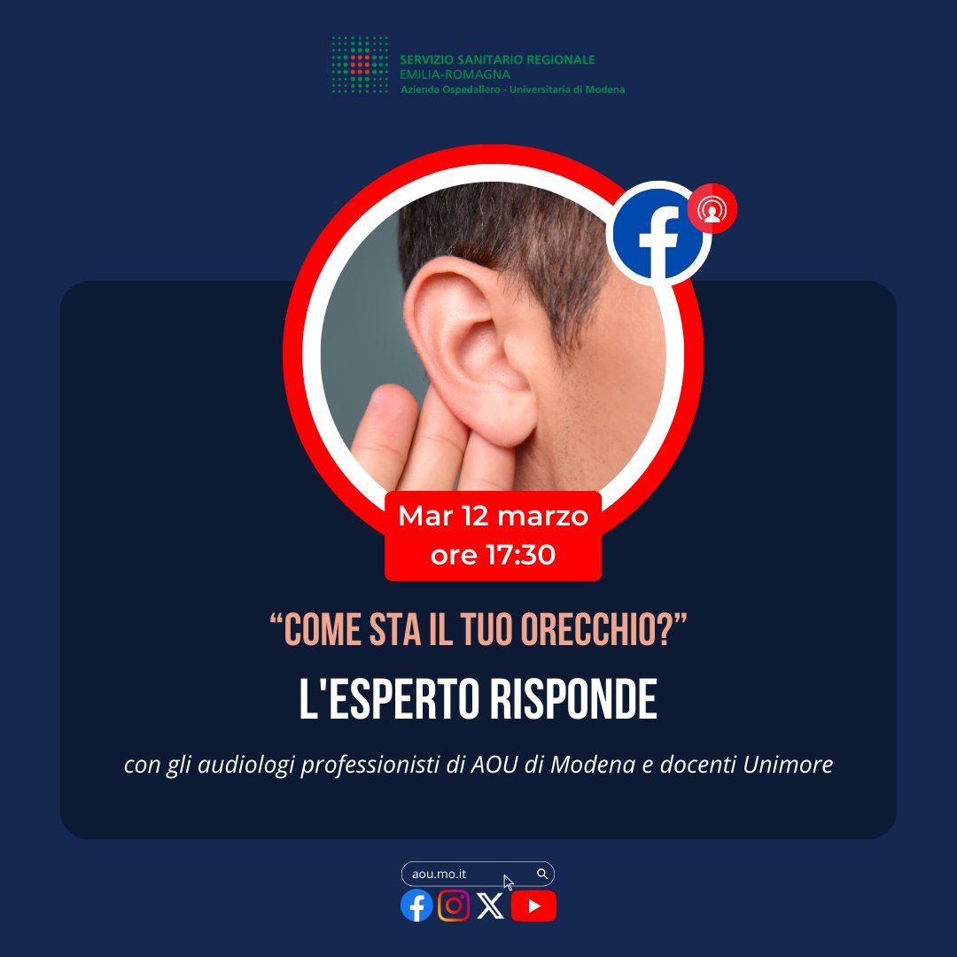 L’Esperto Risponde Martedì 12 marzo alle ore 17:30 in diretta live sulla nostra pagina Facebook per parlare delle patologie connesse all'#orecchio e all'#udito Per qualsiasi dubbio non esitare a scrivere un commento durante la nostra diretta Facebook 😉