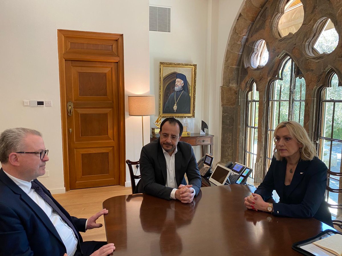 oscepa's tweet image. #OSCEPA SR on Mediterranean Affairs @AllizardPascal, accompanied by VP @Xaralambidou, was received today by President of Cyprus Nicos @Christodulides. They exchanged views on security challenges stemming from war in the #MiddleEast and the #Mediterranean's shifting power balance.