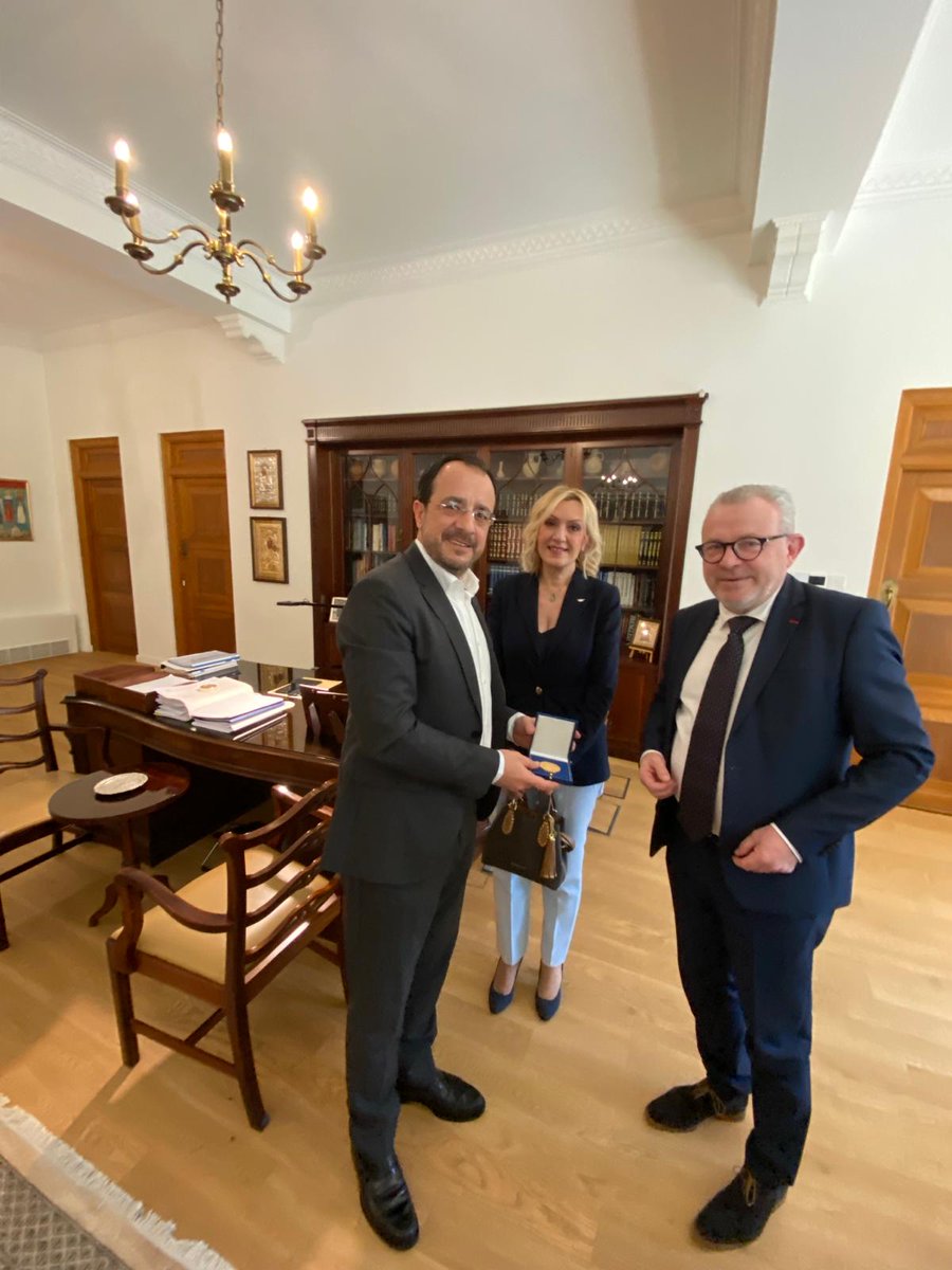 oscepa's tweet image. #OSCEPA SR on Mediterranean Affairs @AllizardPascal, accompanied by VP @Xaralambidou, was received today by President of Cyprus Nicos @Christodulides. They exchanged views on security challenges stemming from war in the #MiddleEast and the #Mediterranean's shifting power balance.