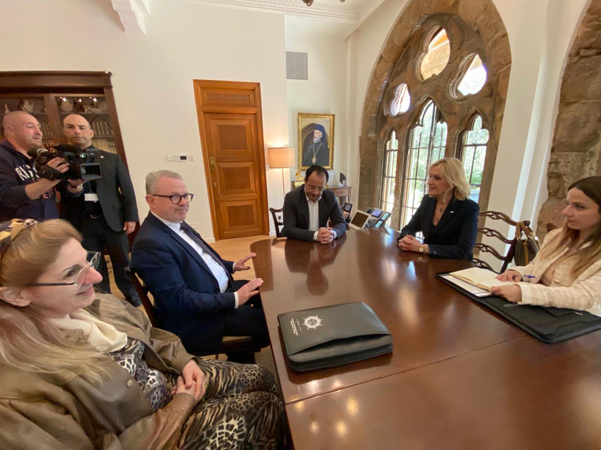 oscepa's tweet image. #OSCEPA SR on Mediterranean Affairs @AllizardPascal, accompanied by VP @Xaralambidou, was received today by President of Cyprus Nicos @Christodulides. They exchanged views on security challenges stemming from war in the #MiddleEast and the #Mediterranean's shifting power balance.