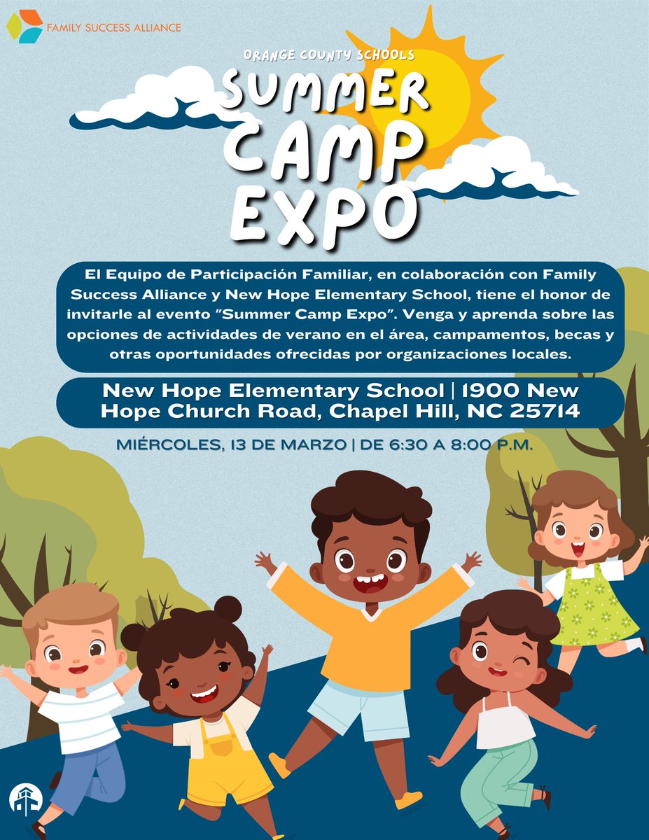 We are happy to invite you to our Summer Camp Expo on Wednesday, March 13th at New Hope Elementary from 6:30 to 8:00 PM. Come connect with local organizations offering summer camps in our area. For more information, visit orangecountyfirst.com