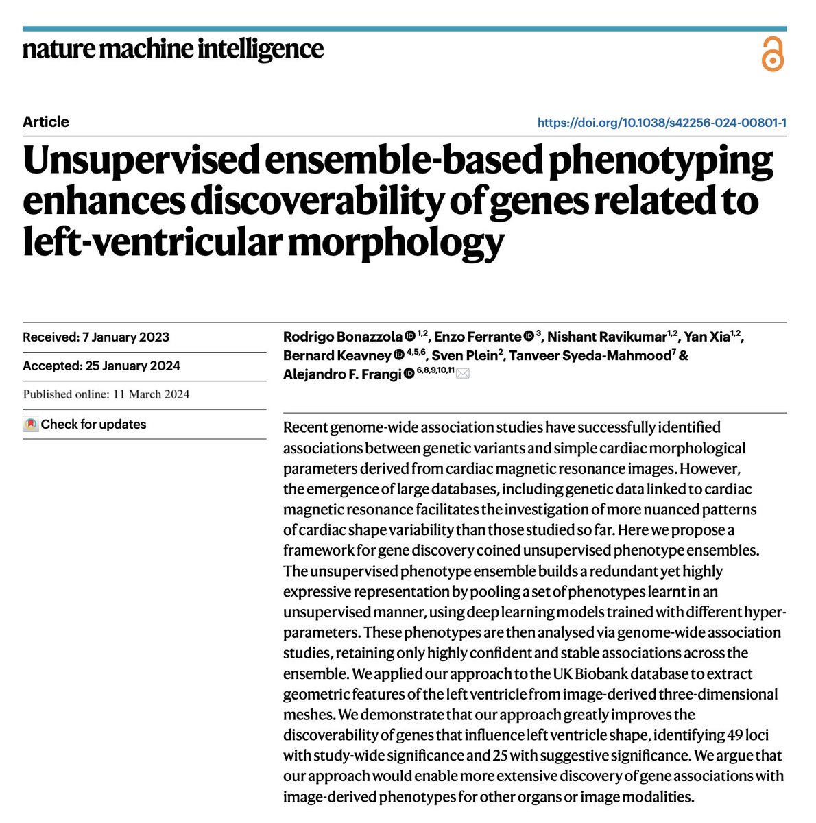 New paper just published in Nature Machine Intelligence @NatMachIntell! We propose a framework to discover genotype-phenotype associations for left ventricular morphology using representations learned from🫀meshes Congrats @rodbonazzola @affrangi ! 📑-> nature.com/articles/s4225…