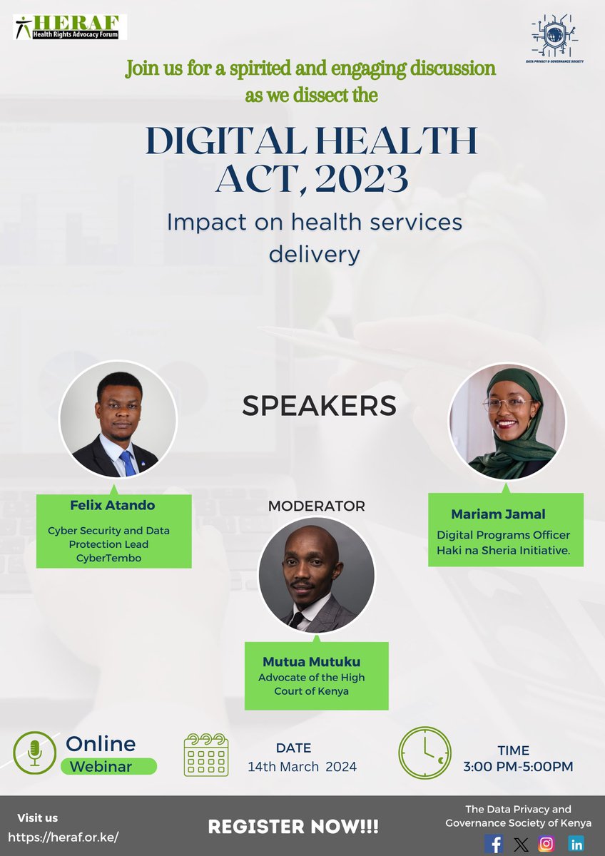 This Thursday join HERAF and The Data Privacy and Governance Society of Kenya(<a href="/DataGovProsKe/">Data Privacy and Governance Society of Kenya</a>)  for a riveting discussion on the Digital Health Act 2023! Come share your thoughts!
Don't forget to register by clicking the link below. It's 100% free!

forms.gle/kbuhxkmPwjixHD…