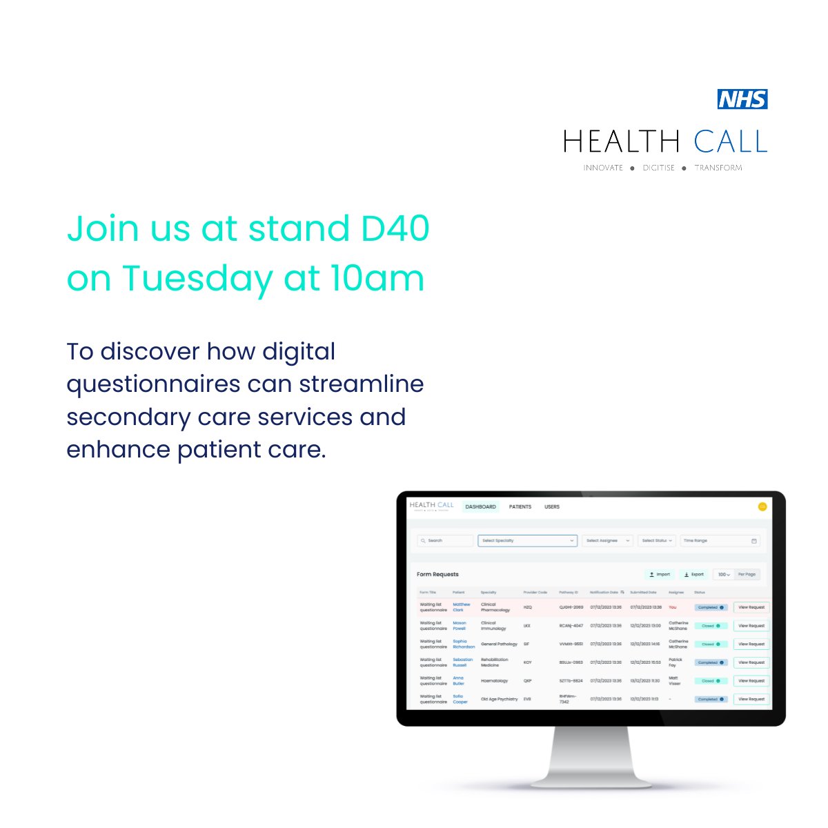 #Rewired24 Join us at 10am tomorrow at Stand D40 for our exclusive session on digital questionnaires. Our team will be showcasing how digitising various patient questionnaires can streamline secondary care services and enhance patient care. See you there 🚀