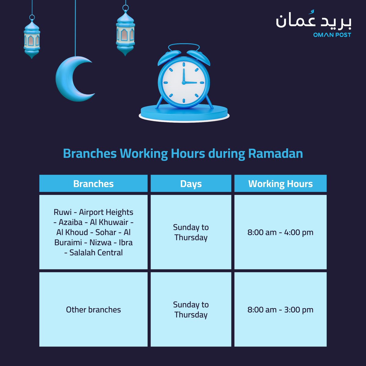 oman_post's tweet image. Post offices working hours during the holy month of Ramadhan