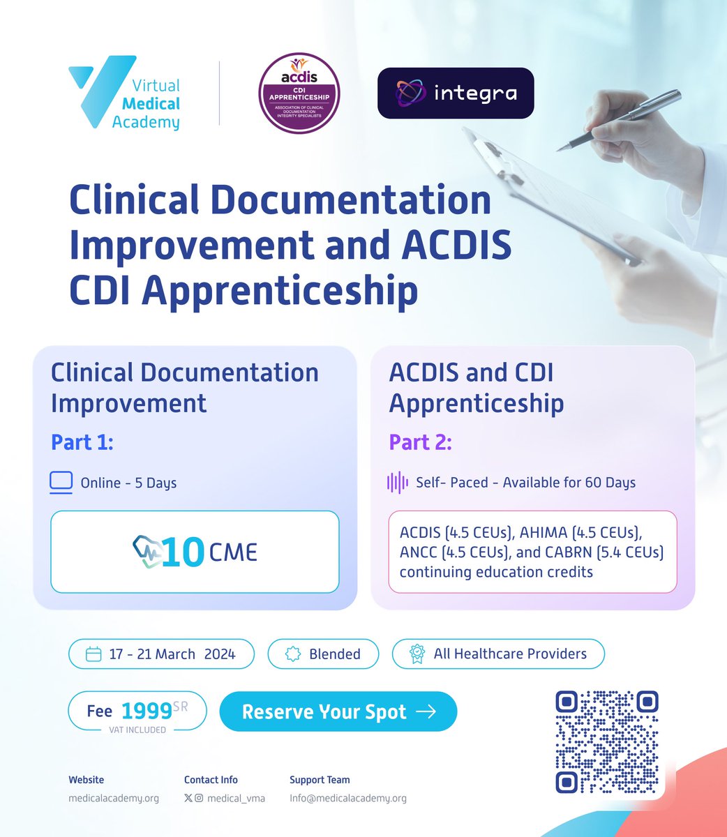 أقوى برنامجين في تحسين التوثيق الطبي.
📃شهادة معتمدة من الأكاديمية الطبية الافتراضية و الجمعية الأمريكية ACDIS و Integra
اغتنم الفرصة وانضم الآن في الدورة التدريبية|Clinical Documentation Improvement and ACDIS CDI Apprenticeship
🔗للتسجيل: bit.ly/3YLfAmc
🔺المقاعد محدودة
