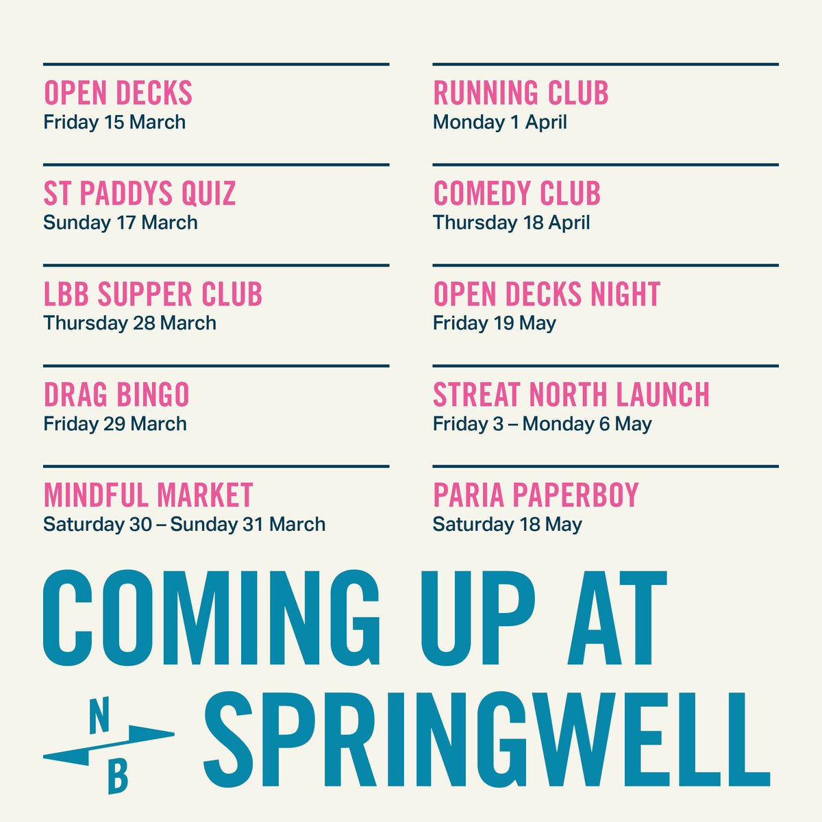 Coming up at Springwell 👀 We have been busy planning away and cannot wait to bring you a whole host of fun-packed events this Spring/Summer - here's a little taster of the line-up so far 🍻🎧🎭🛍️🚵 Tickets available via the link in our bio.