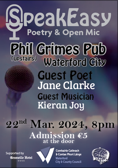 The first SpeakEasy open mic is happening on March 21 with special guest @jane_janeclarke who was recently shortlisted for a TS Eliot Award for her latest collection. All welcome to read, or just come along and listen. Music by uileann piper Kieran Joy. @WaterfordArts