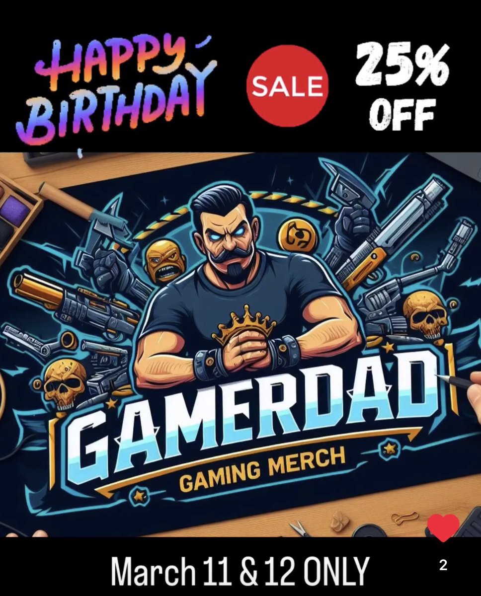 HUGE BIRTHDAY SALE 25% off Gaming Merch March 11 & 12 ONLY! Our biggest sale EVER gamerdadgamingmerch.etsy.com #BirthdayCelebration #birthdaysale #25percentoff #salesalesale #gamingcommunity #gaming #gamingmerch #etsy #etsyfinds #etsystore #etsyshop