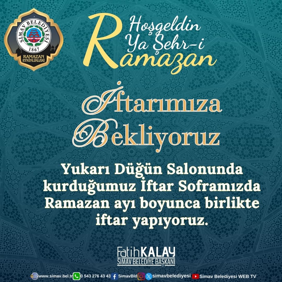 Simav Belediyesi Olarak Ramazan Boyunca 500 Kişilik İftar Yemeğimizi Yukarı Düğün Salonunda İkram Ediyoruz. İftar Yemeğimize Tüm Halkımız Davetlidir.