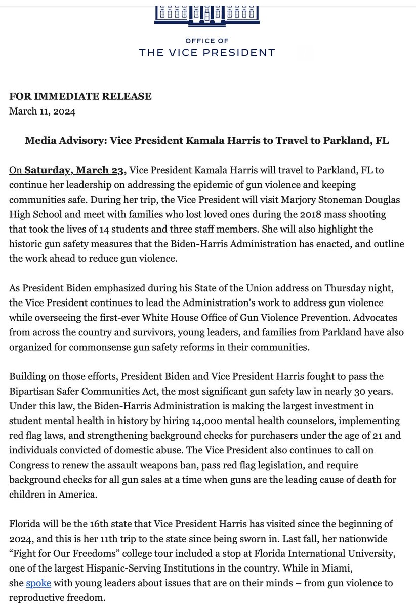 I want to thank the <a href="/VP/">Vice President JD Vance</a> and <a href="/WHOGVP46/">OGVP 46 Archived</a> for coming to Parkland March 23rd.  I have worked hard with this office to arrange this visit.  The commitment that they have to fully understanding and stopping next one is the reason that we are doing this.