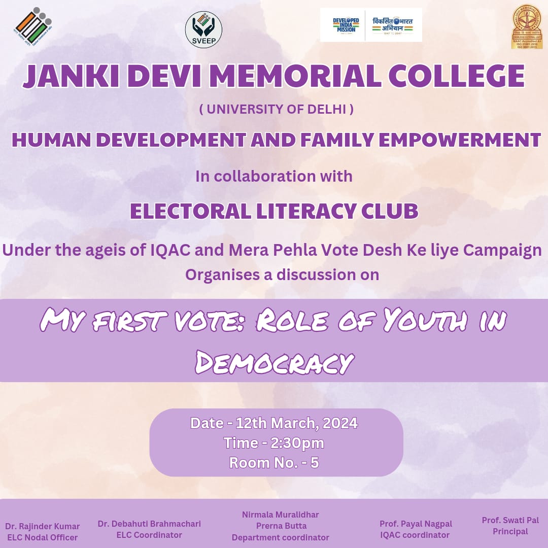 hdfe_jdmc's tweet photo. The Dept of HDFE, JDMC in collaboration with ELC under the ageis of IQAC and Mera Pehla Vote Desh ke liye Campaign is organising a discussion on "My First Vote: Role of Youth in Democracy"
Date - 12th March, 2024
Time - 2:30pm
Room No. - 5
#MeraPehlaVote
@CollegeJanki https://t.co/8nMU9cIybr