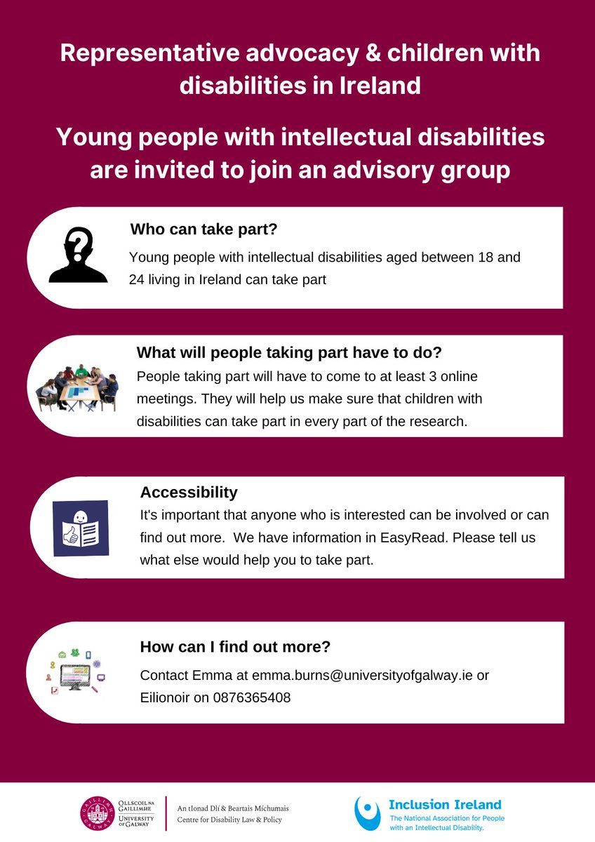 We are looking for young people with intellectual disabilities, age 18-24, to join the advisory group of an exciting research project focusing on advocacy for children with intellectual disabilities with @InclusionIreland . Contact emma.burns@universityofgalway.ie for more info