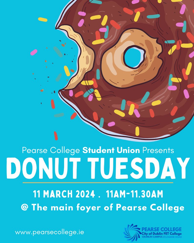 Feeling hungry! To celebrate #ETBWEEK2024,  #PearseCollege is going #Donuts this Tuesday, 12 March from 11-11.30am; and have free #donuts for everyone on campus. Sweet!

#ThisIsFET #CityOfDublinETB