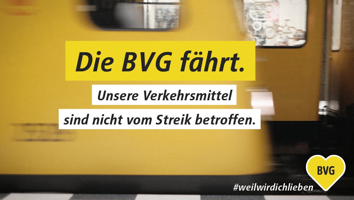 Am Dienstag 2 Uhr bis Mittwoch 2 Uhr wird die DB bestreikt – inkl. Berliner S-Bahn. Wir sind nicht betroffen, es kann aber etwas voller werden bei uns. #weilwirdichlieben