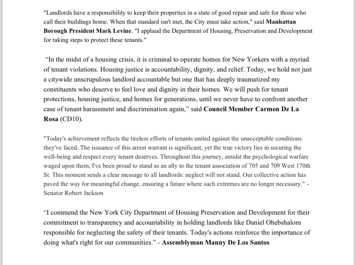 Breaking news: @NYCHousing has secured an arrest warrant for NYC’s worst landlord. He will be held accountable for negligence and his failure to protect tenants.