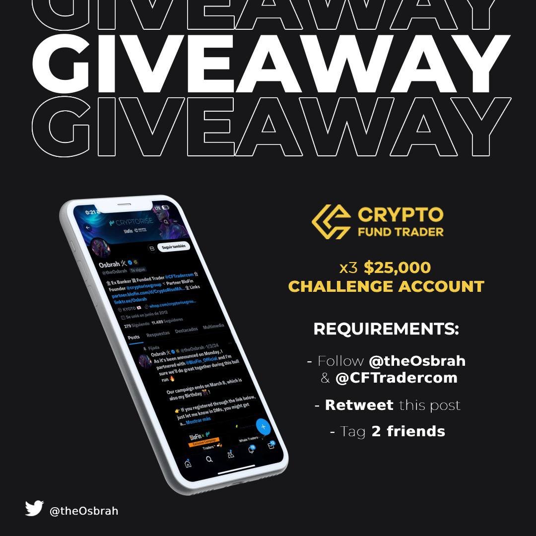 Let's celebrate 🎊

💸 75,000 $ in funds (3x 25,000 $) to give away, thanks to <a href="/CFTradercom/">Crypto Fund Trader</a> !

Requirements: 
👉 Follow me &amp; <a href="/CFTradercom/">Crypto Fund Trader</a> 
👉 Tag 2 friends and repost

Good luck everyone !