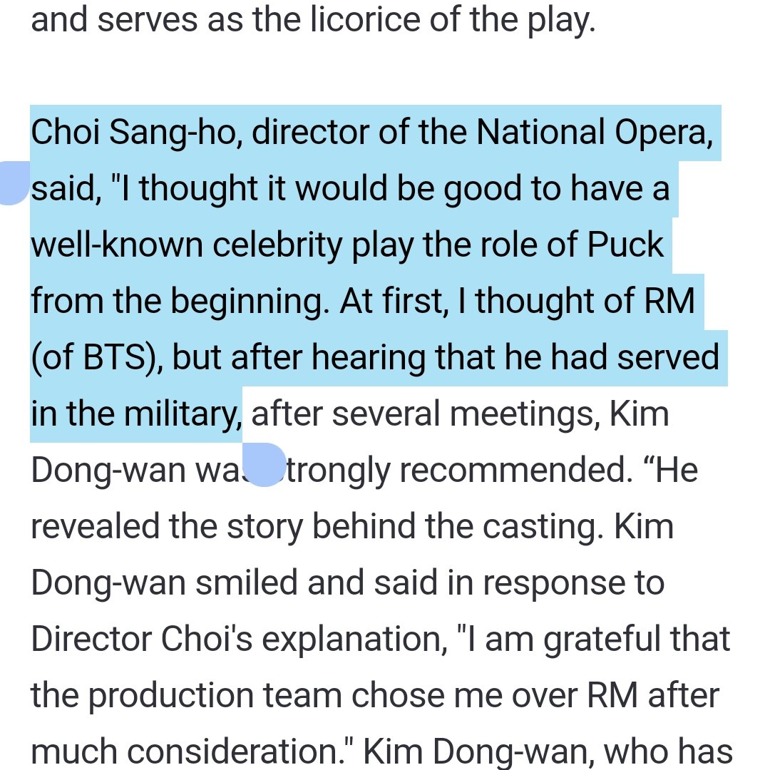 mhereonlyforbts's tweet photo. Apparently the director Choi Sang-ho, director of the National Opera, considered namjoon as actor for play the role Puck (a mischievous fairy) in the opera A Midsummer night dream by William Shakespeare:

"I thought it would be good to have a well-known celebrity play the role of Puck from the beginning. At first, I thought of RM (of BTS), but after hearing that he had served in the military, after several meetings, Kim Dong-wan was strongly recommended"

WE COULD HAD ACTOR NAMJOON,WE WERE ROBBED
