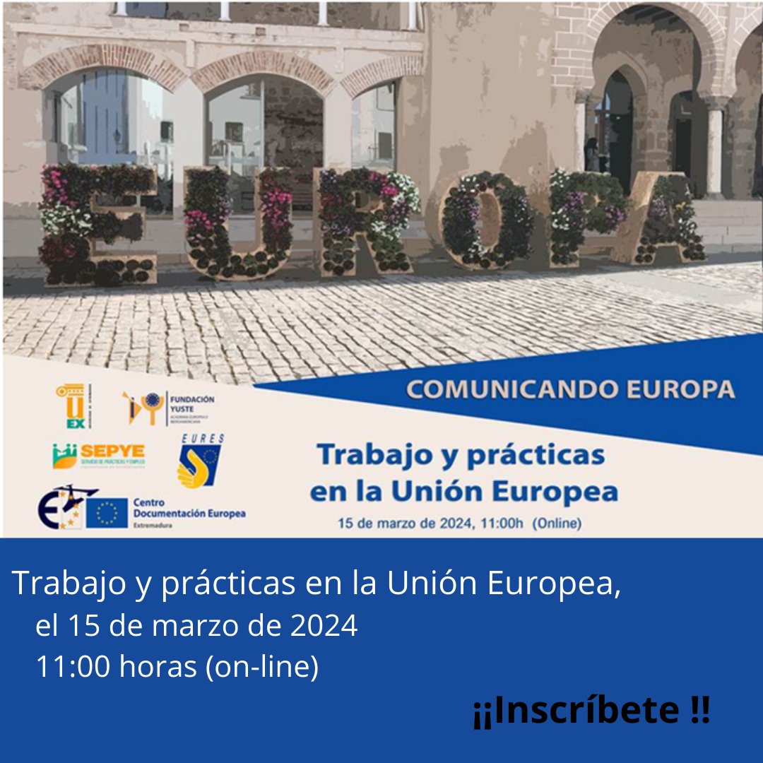Servicio de Prácticas y Empleo UEx (@sepyeuex) on Twitter photo Seminario para informar sobre las posibilidades de trabajo, prácticas y voluntariado en la Unión Europea a alumnos de la Universidad de Extremadura.
<a href="/SepyeUEx/">Servicio de Prácticas y Empleo UEx</a> #trabajo #practicas #Empleo
unex-es.zoom.us/webinar/regist… Seminario para informar sobre las posibilidades de trabajo, prácticas y voluntariado en la Unión Europea a alumnos de la Universidad de Extremadura.
<a href="/SepyeUEx/">Servicio de Prácticas y Empleo UEx</a> #trabajo #practicas #Empleo
unex-es.zoom.us/webinar/regist…