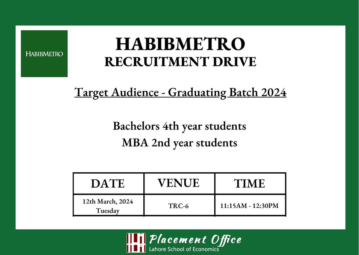 Habib Metro is coming to #LahoreSchoolofEconomics to conduct #RecruitmentDrive on Tuesday 12 March 2024 at TRC 6 for the final year students of #Bachelors and #MBA.