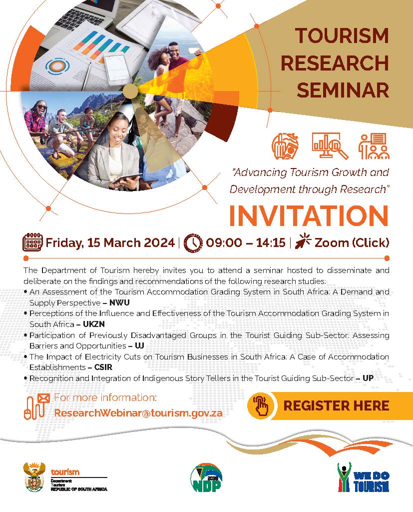 Tourism Research Seminar 2024

The Department invites you to attend a virtual #TourismResearchSeminar on 15 March 2024.
Please rsvp by clicking the following link: tinyurl.com/mtrfy4pd

Read more: tinyurl.com/2tad2bdc
#WeDoTourism