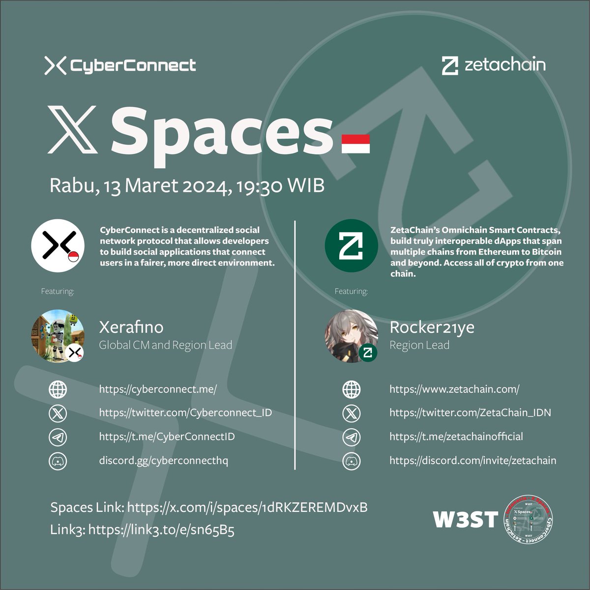 Cyberconnect_ID's tweet photo. X Spaces Indonesia - CyberConnect x ZetaChain🇮🇩

Saatnya untuk X Spaces dan pelajari lebih dalam tentang @Cyberconnect_ID &amp; @ZetaChain_IDN 🔥

➡️Rabu 13 Maret 2024, 19:30 WIB
➡️X Spaces link: https://t.co/sGxz6aadYb
🧧Raffle $20 (4 winners @ $5) via Link3: https://t.co/DY32L3YI6l https://t.co/NDGlWKVfku