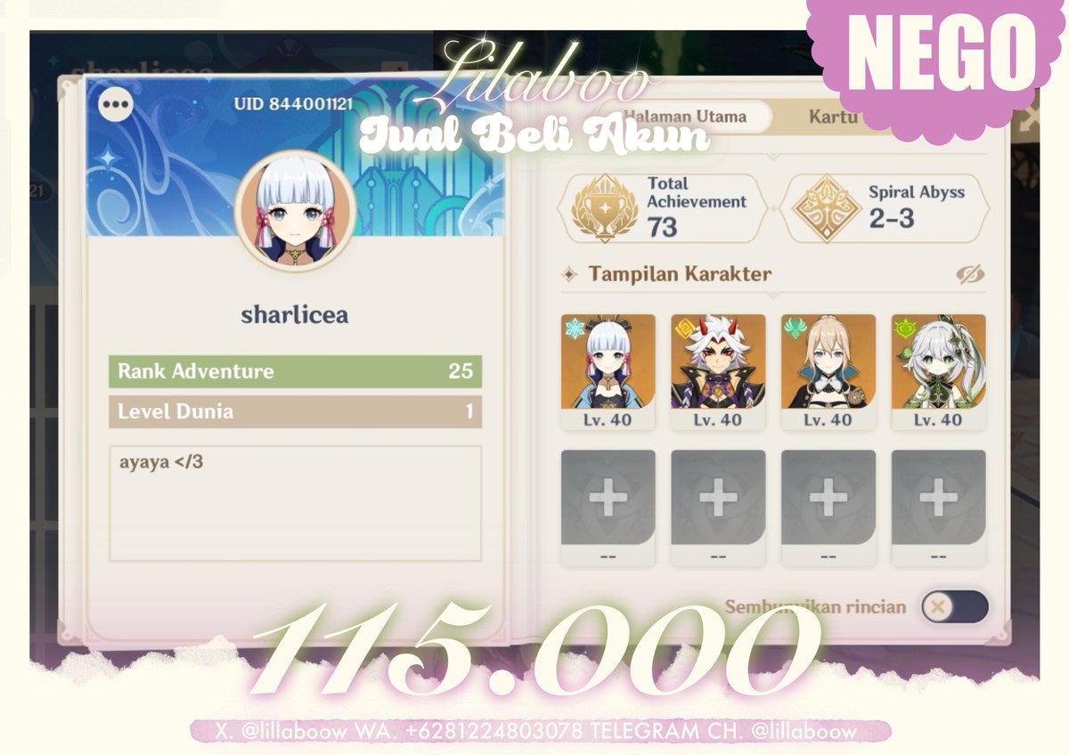 lillaboow's tweet photo. ₊˚ʚ Genshin Impact - 006  ๋ ࣭ ⭑

WTS
🌷Early Genshin Account🌷

- Price 115.000 (nego)
- Adventure Rank : 25 (asia)
- Main Character: Lumine
- Birthday : Set
- No minus
- Early Build &amp; Early Explore
- Rate On

tags. wtb wts akun genshin
#zonauang #zonaba #zonajajan https://t.co/SYd2LKFBeX