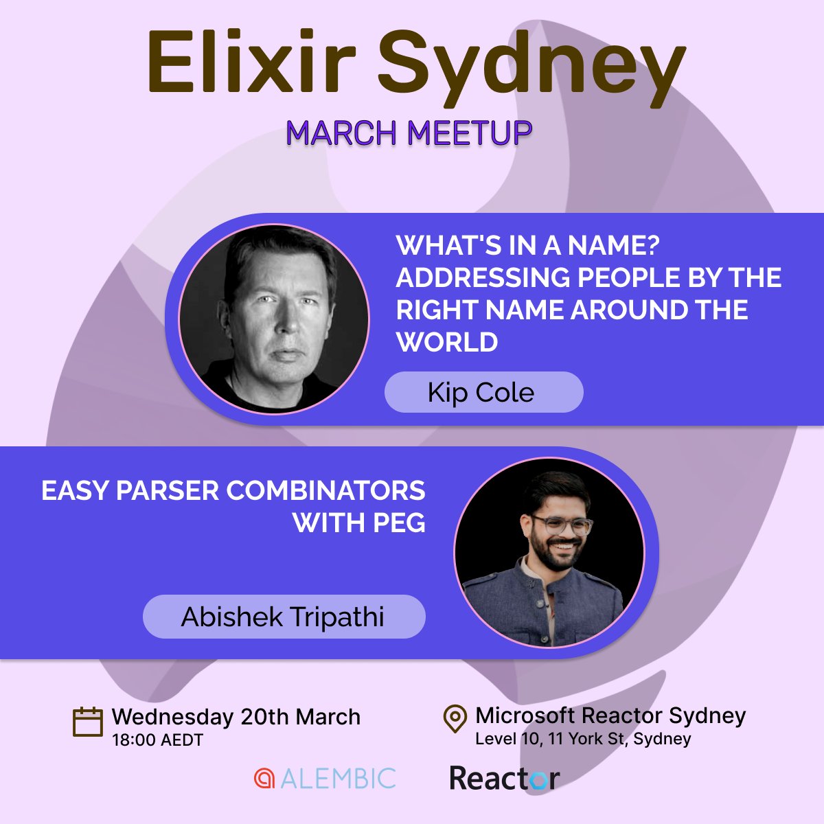 📣Elixir Sydney is on again March 20 featuring special guests Kip Cole and Abishek Tripathi.

📆6PM Online or in-person meetup.com/elixir-sydney/…

🌏<a href="/kipcole9/">Kip</a> - What's in a name? Addressing people around the world

🧐<a href="/twistin456/">Abhishek Tripathi</a> - Easy Parser Combinators with PEG

#myelixirstatus