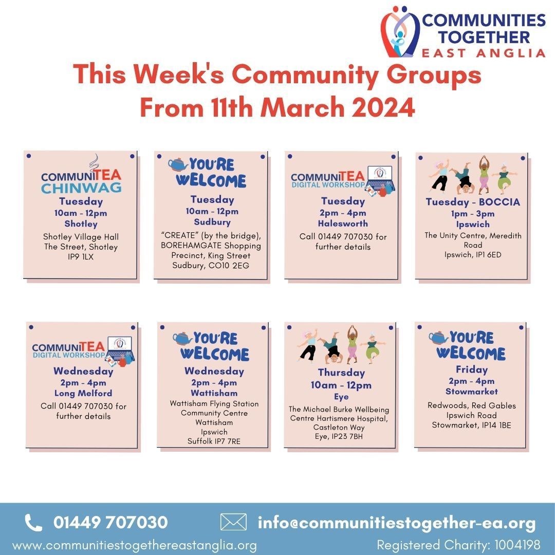 SESSIONS THIS WEEK!

For more information about our sessions please contact info@communitiestogether-ea.org or call 01449 707030.