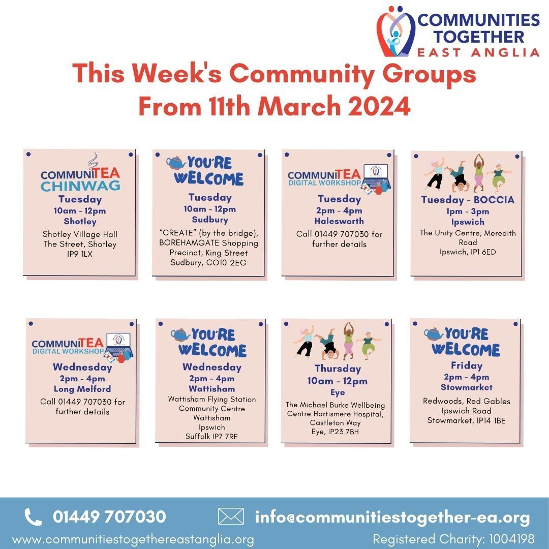 SESSIONS THIS WEEK! For more information about our sessions please contact info@communitiestogether-ea.org or call 01449 707030.