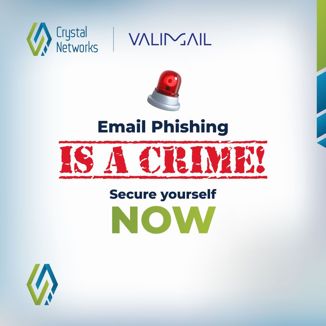 Did you know that phishing is the most common form of cybercrime, with an estimated 3.4 billion spam emails sent every day? Email phishing is a crime! Secure yourself with Valimail power, brought to you by CN! #CrystalNetworks #CNEgypt #CNLebanon #CyberCrime #Spam #Valimail