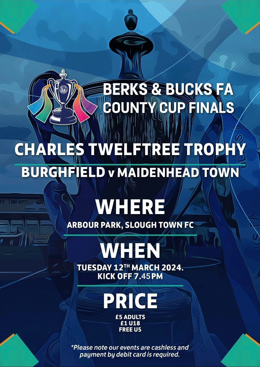 BurghfieldFC's tweet photo. 1️⃣ day to go until the Men’s First Team @BerksandBucksFA Cup Final.

🆚 @Maidenhead_Town 
🏆 Charles Twelftree Trophy Final
🗓️ Tuesday 12th March
🕑 7:45PM KO
📍 Arbour Park, SL2 5AY
🎟️ £5 Adults, £1 U18, U5’s Free

#UpTheFielders https://t.co/2QYCMaFTiH