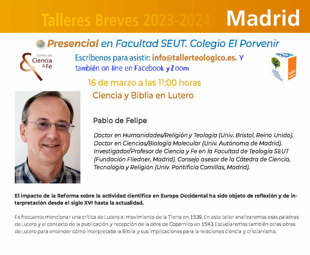 ¡¡Temazo para el próximo Taller Breve del Taller Teológico!! Será impartido por el coordinador del Centro de Ciencia y Fe, el Dr. Pablo de Felipe. Será el próximo sábado 16 de marzo en formato presencial y online. ¡No olvides inscribirte!