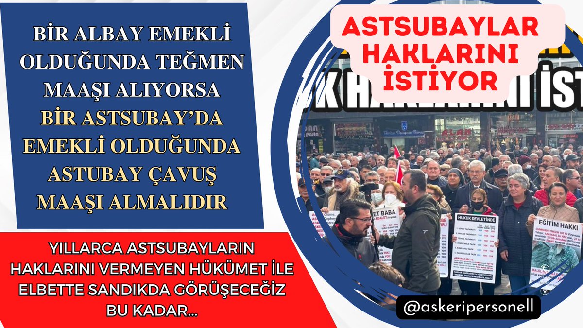 Nasıl ki; Bir Albay Emekli Olduğunda Teğmen Maaşı Alıyorsa, Bir Astsubay'da Emekli Olduğunda Astsubay Çavuş Maaşı Almalıdır. Biz Aile İsek; Nimete Gelince Git Öte, Külfete gelince Gel Beriye Olmaz. Adalet hepimize var olmalıdır. #AstsubaylarİstanbuldaBuluşuyor #AstsubaylaraAdalet
