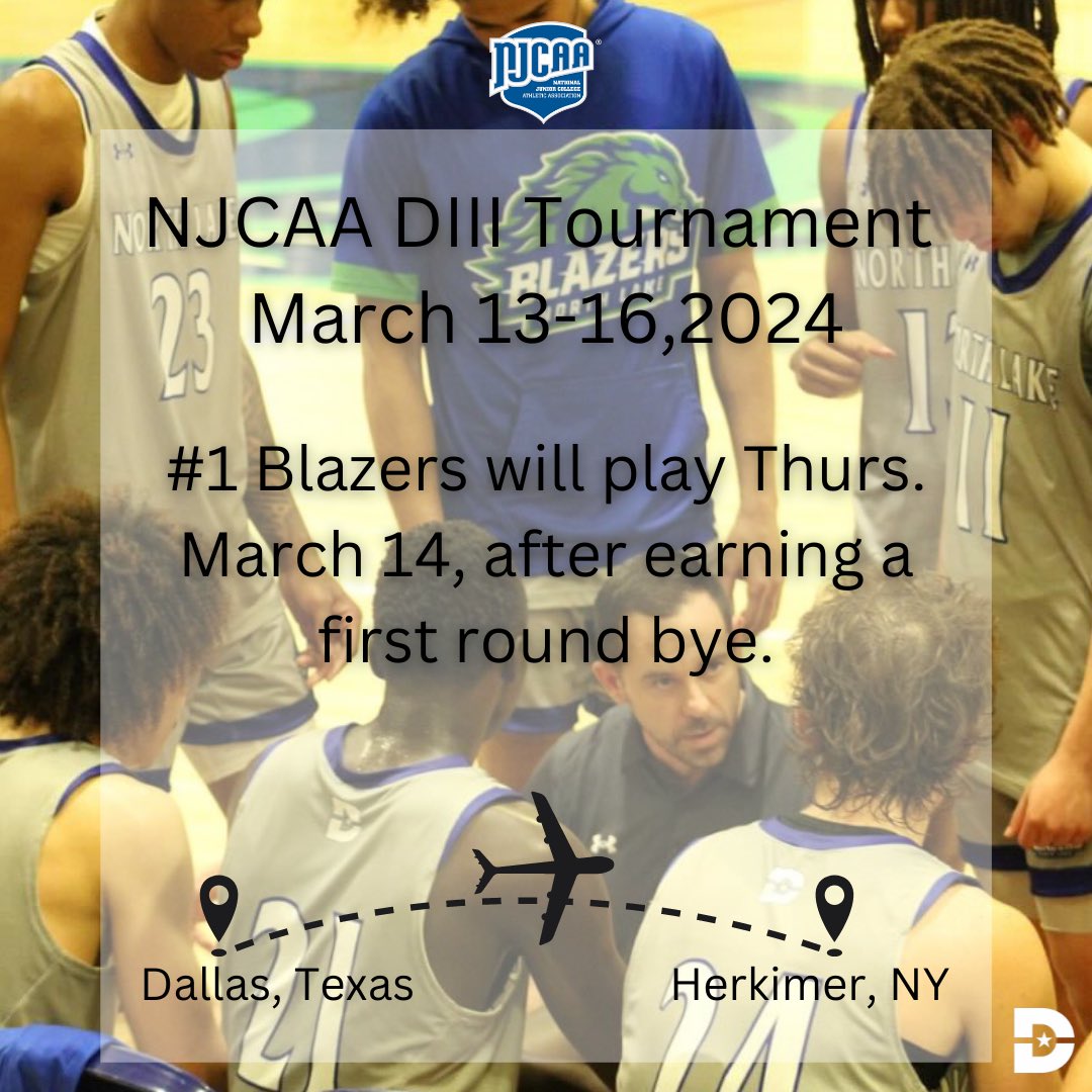 Blazers are wheels up and headed to NY to compete in the NJCAA DIII Men’s Basketball Tournament. 

Catch them Thurs. March 14th after securing a first round bye. 

#GoBlazers