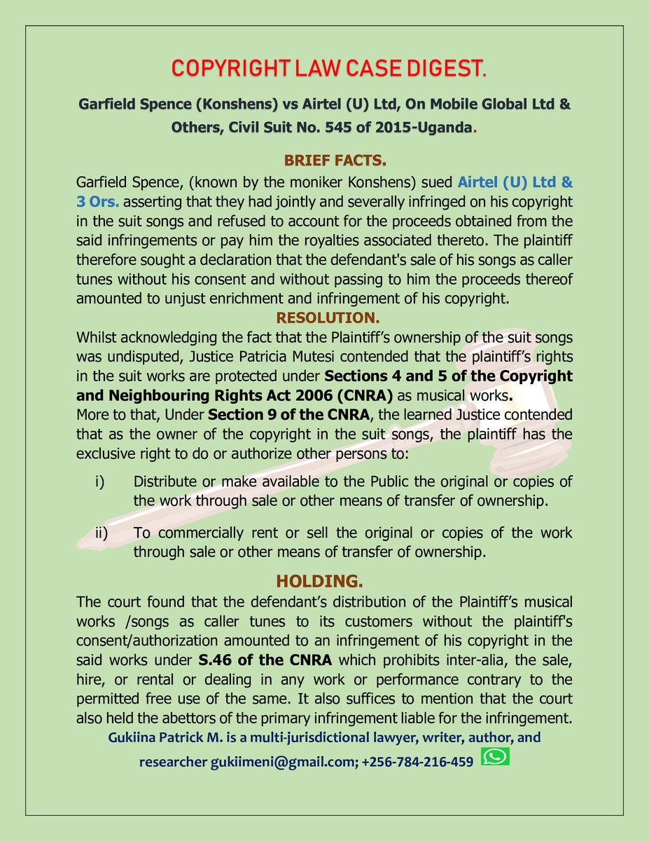 GukiinaPatrick's tweet photo. #CASEDIGEST.
Konshens Vs Airtel (U) Ltd &amp; Ors.
Justice Patricia Mutesi contended that Copyright law provides owners of copyright with protection against those who aid or abed primary copyright infringement henceforth the coinage of "Secondary infringement" https://t.co/lSGWyXyEMz