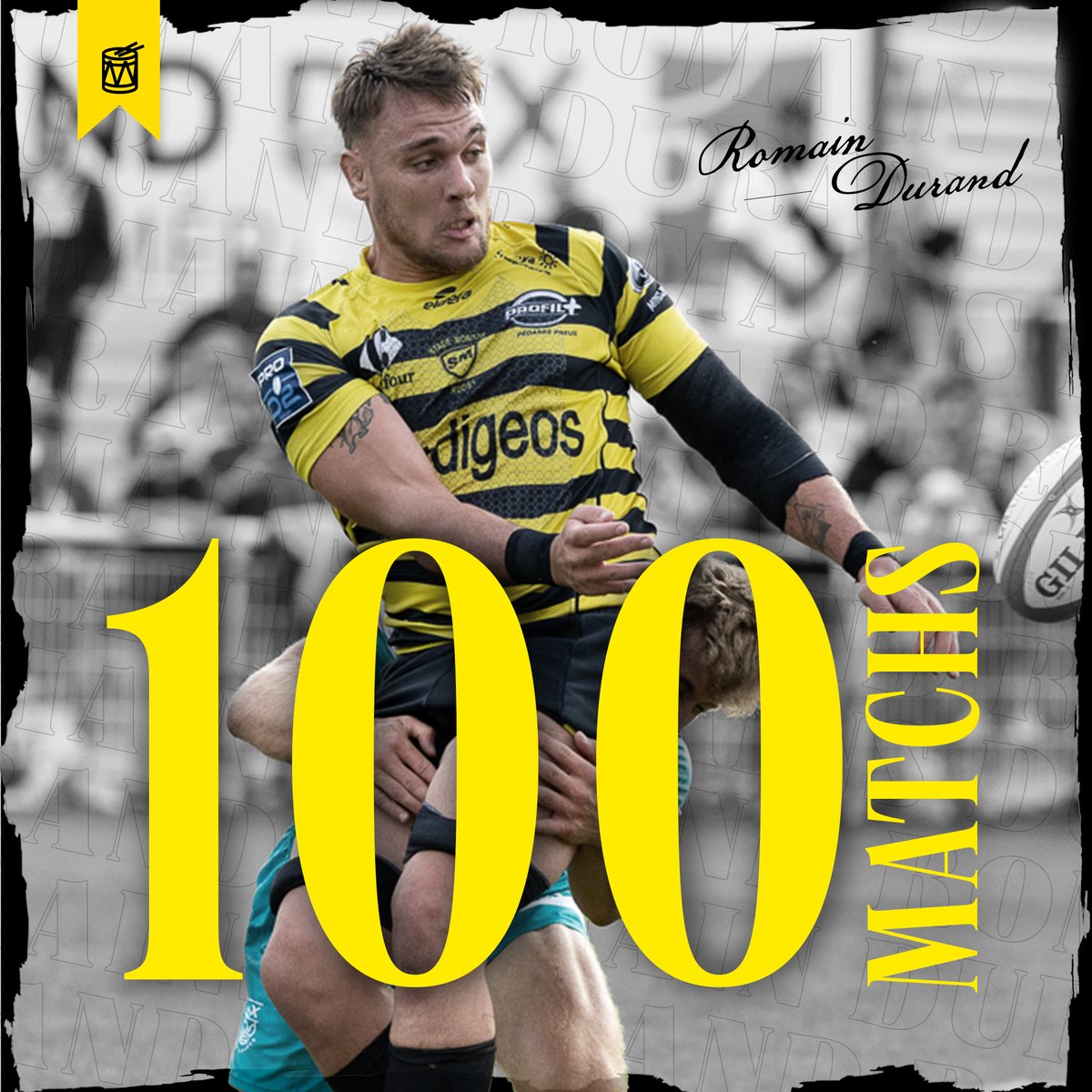 SMR_Rugby's tweet photo. ℝ𝕠𝕞𝕒𝕚𝕟 𝔻𝕌ℝ𝔸ℕ𝔻 | 100 matchs en 🟡⚫
Vendredi soir face à Colomiers, notre seconde ligne Romain DURAND honorait sa 100e cape sous le maillot Jaune et Noir.
Félicitations Romain
#EnsemblenoussommeslesLandes
#StadeMontoisRugby #100Matchs #PassionDuRugby #ProD2 https://t.co/C8VYM4AYRh
