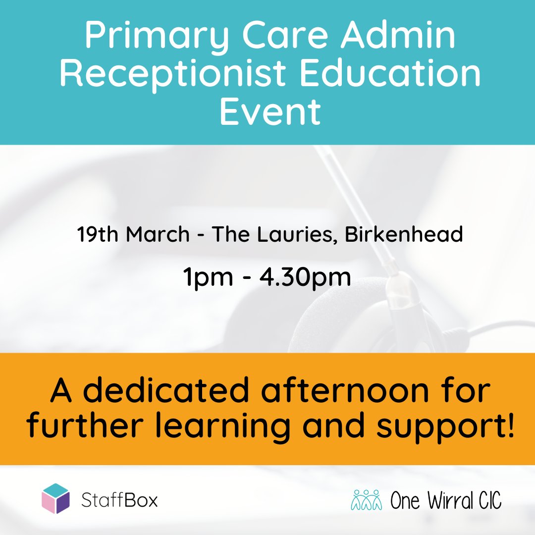 StaffBoxUK's tweet photo. There are still places to grab for next week's education event for Primary Care's Reception &amp; Admin Teams.

A really great opportunity to learn and be supported.

To book on 👇
https://t.co/dlG0rrSFqB

#wirral #merseyside #cheshire https://t.co/LpvG2SesAy