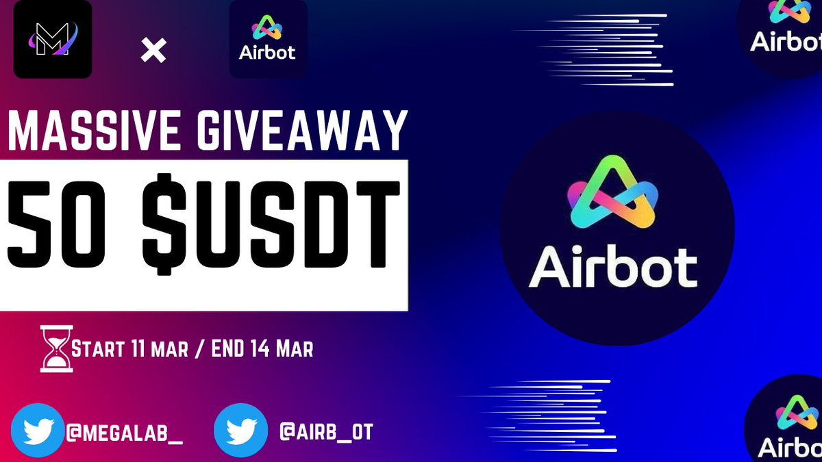 🎉Airbot X Mega Lab Dao #Airdrop 🎉 🎁 Prize Pool › 50 USDT ( #FCFS ) To Enter:- ✅ Follow @airb_ot ✅ RT & Tag 3 Friends ✅ Complete #From ⤵️ docs.google.com/forms/d/e/1FAI… ⌛ End 14 Mar. #Airdrop #Giveaway #Crypto #usdt #token #FCFS #Megalab