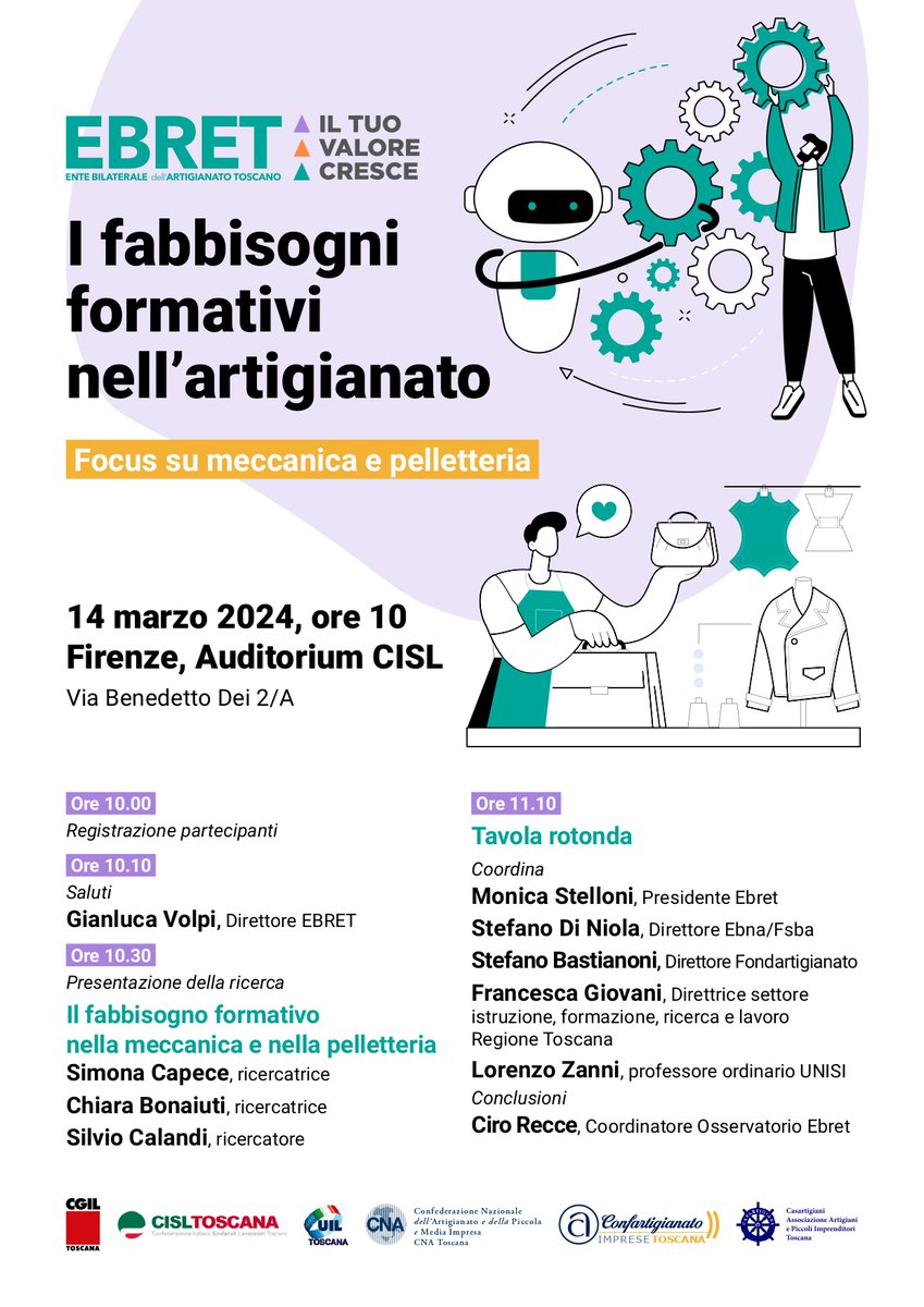 I fabbisogni formativi nell'artigianato: #meccanica e #pelletteria al centro di un focus dell’Ebret, Ente bilaterale dell'#artigianato toscano, che sarà presentato il 14 marzo nell’Auditorium #CislToscana. cisltoscana.it/usr-toscana/i-…