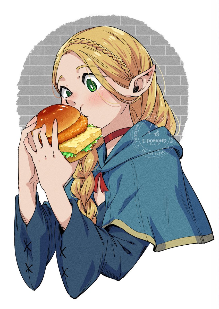 marcille donato 1girl food pointy ears green eyes elf braid blonde hair  illustration images