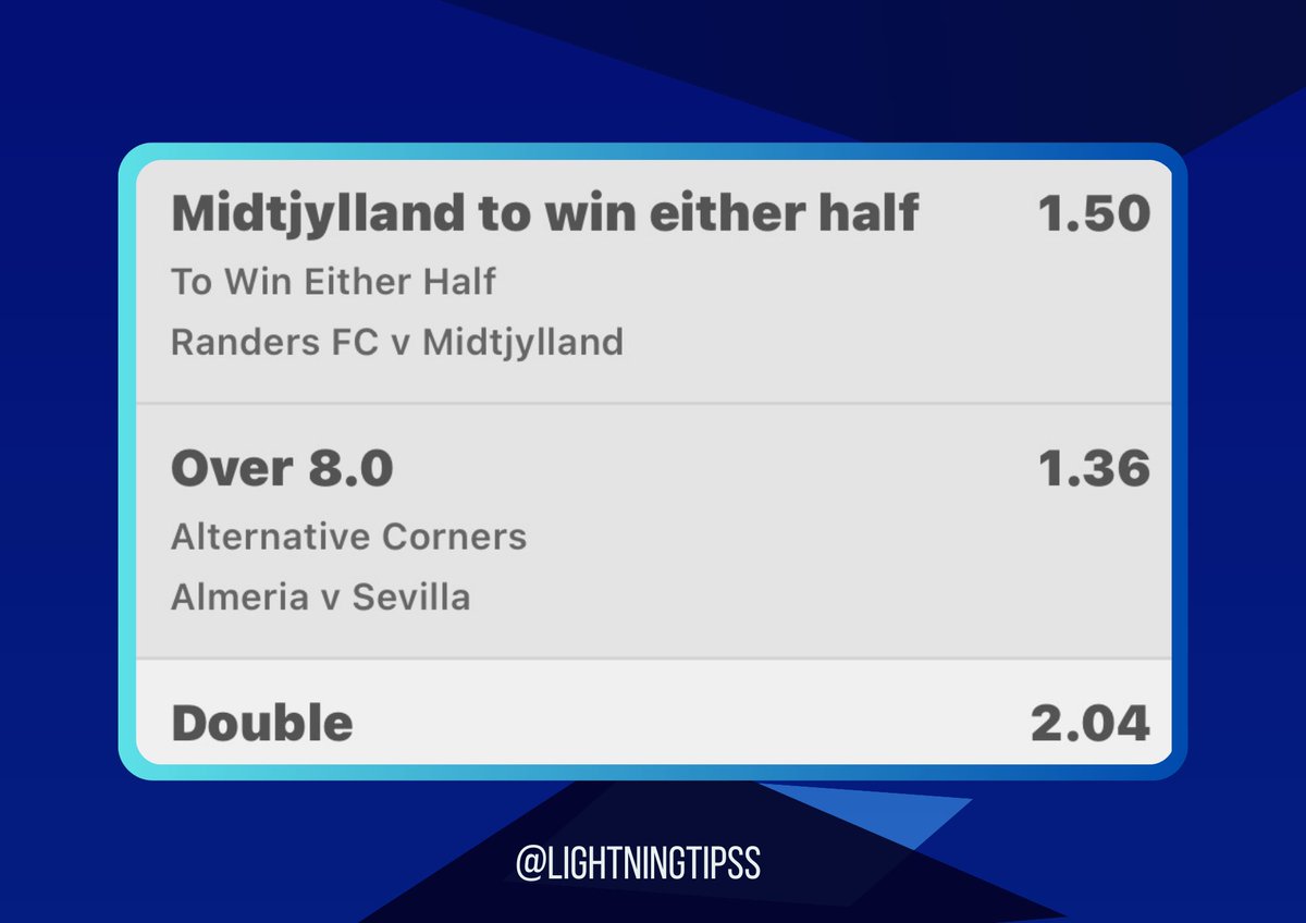 LightningTipss's tweet image. ⚡️Daily Double @ EVENS OR ABOVE! ⚡️

Odds: 2.04
KO: 6:00PM

SMASH THAT ❤️ Button if your joining &amp;amp; Retweet 🔁

#GamblingTwitter #bettingpicks #bettingtwitter #Double #Tips #Bets #Betting #Football