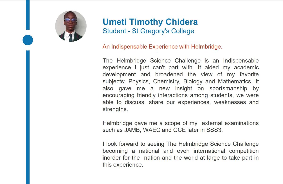 As we prepare for Helmbridge Science Challenge(HSC) 2024, here is a  testimony from  2023 edition.

#Helmbridge #Competition